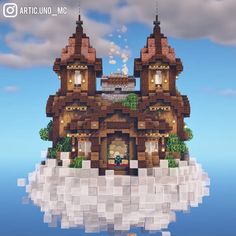 an image of a house made out of blocks in the sky with clouds above it