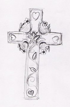 a drawing of a cross with flowers and hearts on it