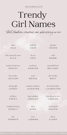 the front cover of trendy girl names, which are also in black and white