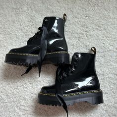 Doc Martens Molly Platform Boot in a size 8. Boots With Ribbon, Platform Docs, Friends Aesthetics, Platform Doc Martens, Doc Martens Black, Ribbon Laces, Aesthetic Fits, Shoe Inspo, Dream Style