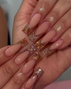 Square Fall Nail Gold Glittery Nails, Encapsulated Nails, Acrylic Butterfly, Glittery Nails, Work Nails, Fall Acrylic Nails, Acrylic Nails Coffin Pink, Glitter Acrylic, Square Acrylic Nails