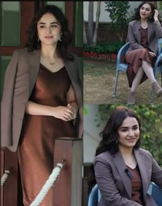 four pictures of women in different outfits sitting on chairs and posing for the camera, with one woman wearing a brown dress