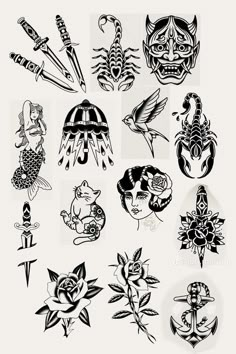 an assortment of tattoo designs on a white background