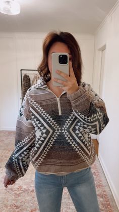 Silver Aztec Half Zip Western Outfits For School Spirit Week, Western Boho Outfits Winter, Warm Western Outfits, Western Athleisure, Southern Fits, Western Christmas Outfits, Western Shopping, Womens Western Outfits, Outfit Inspo Western