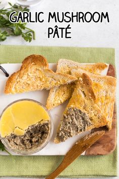 garlic mushroom pate on a plate with bread and butter