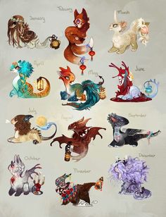 the twelve zodiac signs are depicted in this graphic art work, which depicts different types of animals and their names