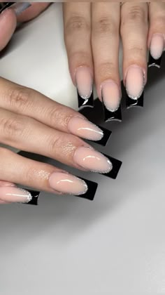 Black Side French Nails, Black French Tip Nails With Sparkle, Black French Tip With Glitter Line, Black French Tip Silver Line, Black French Tip Nails With Silver Line, Cute Nail Black, Black French Tip Nails With Silver, Alt French Tip Nails, Emo French Tip Nails