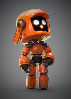 an orange robot with glowing eyes standing in front of a gray background