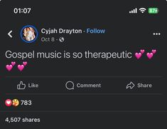 two tweets that are on top of each other, one is saying gospel music so therapeutic