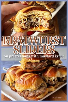 some food is stacked on top of each other with the words brawurst sliders on