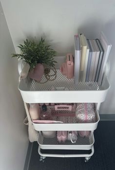 a white shelf filled with lots of books and other items next to a potted plant