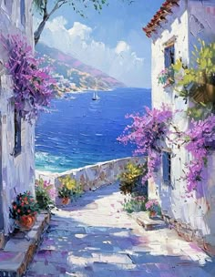 a painting of an alley leading to the ocean with purple flowers growing on either side