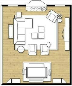 an overhead view of a living room and dining room with the floor plan drawn out