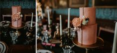 two different views of a wedding cake on a table