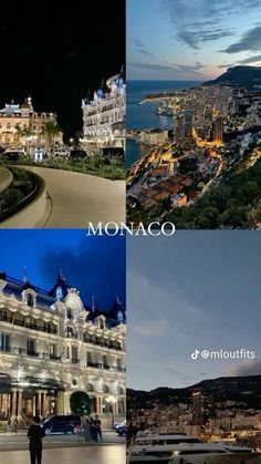 the montaco hotel in monaco is lit up at night and on the right