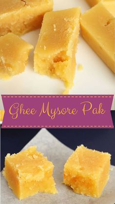 several pieces of yellow cake sitting on top of a white plate with the words ghee mysore pak