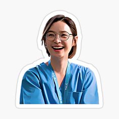 a woman with glasses is smiling and wearing a blue scrub suit sticker on her face