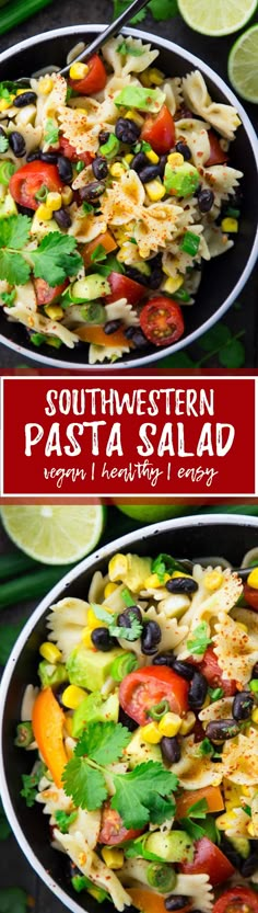 two bowls filled with pasta salad and garnished with cilantro, lime wedges