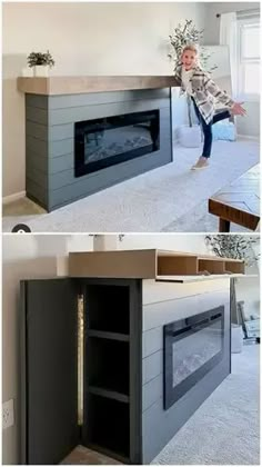 two pictures of a living room with a fireplace and entertainment center in the same photo