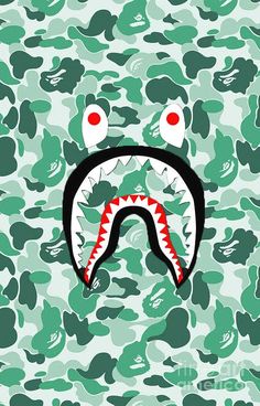 a green camouflage camo background with a shark's mouth and red eyes on it