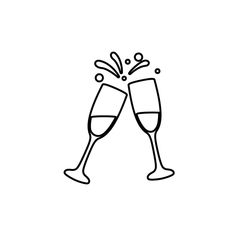 two glasses of champagne with splashing bubbles on white background, line art style illustration