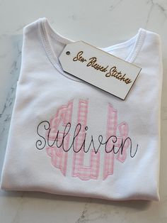 Monogram girl shirt * available in short and long sleeve * ships within 7-9 business days When leaving instructions please leave initials in the order they will appear.  first, Last, middle Thanks for shopping with Sew Blessed Stitches!  Instagram@sewblessedstitches Facebook.com/sewblessedsstitches Email - sewblessedstitches@bellsouth.net Baby Monogram Ideas, Monogram Baby Clothes, Monogram Shirts For Kids, Hand Embroidered Toddler Shirt, Girl Monogram Shirt, Monogramming Ideas, Monogrammed Short Sleeve Cotton T-shirt, Monogram Shirt, Monogram Ideas