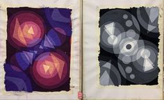 two paintings with different shapes and sizes on them, one is purple and the other is red