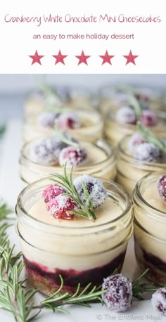 small jars filled with desserts and topped with cranberry white chocolate mini cheesecakes