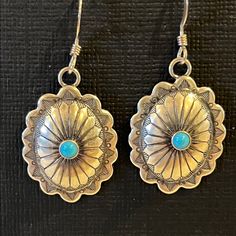 Handcrafted Sterling Silver Concho Earrings Approximately 3/4 Inch Long On French Wires. The Stamping On These Earrings Is Very Intricate And Is Enhanced By The Turquoise Cabochon “Snake Eye”! Concho Earrings, French Wire, Earrings Color, 4 Inch, Jewelry Earrings, Womens Sizes, Women Jewelry, Turquoise, Sterling Silver