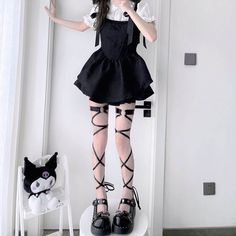 Material: lace, spandex, pu Color: Black Option: One pair ribbons, One pair lace stockings, One ribbon+One lace stocking Size for ribbon garters: Circumstance: 38cm (stretchy) Garter width: 2.5cm Ribbon length: 138cm Ribbon width: 1cm Garter Outfit Skirts, Lace Stockings Black, Ribbon Tights, Garter Stockings, Black Garter, Alt Goth, Girl Punk, Lace Stockings, Aesthetic Goth