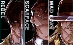 an anime scene with the main characters and their name on each side of the panel