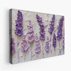 an abstract painting with purple flowers painted on the side of a white wall, it looks like they are floating in the air