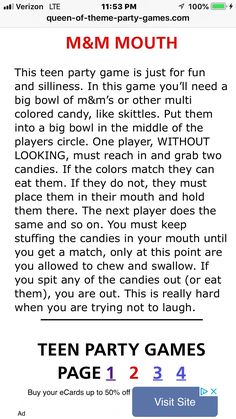 an email message from the teen party games page, which includes instructions for how to play