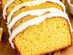 slices of lemon pound cake on a cutting board