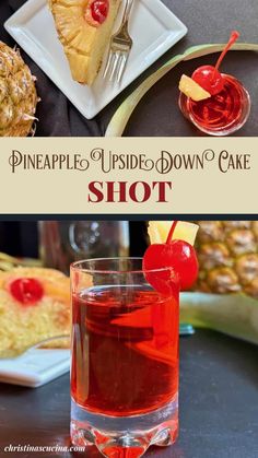 pineapple upside down cake shot with cherry garnish