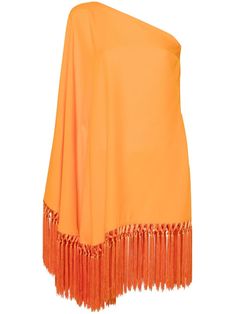 tangerine orange crepe texture asymmetric body one-shoulder cape-style long wide sleeve fringed edge thigh-length concealed side zip fastening Sunset Costume, Taller Marmo, Dresses Orange, Shoulder Cape, Cape Style, Short Fringe, Tangerine Orange, Wide Sleeves, Summer 2024