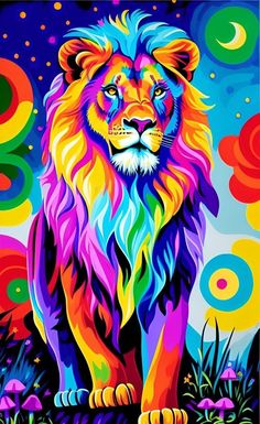 a colorful painting of a lion sitting in the grass