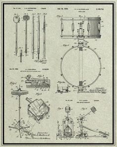 an old drawing of a musical instrument and its parts are shown in black on white paper