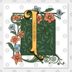 the letter j is surrounded by flowers and vines on a white background with an ornate border