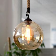 8'' LED Incandescent 1-Light Single Design Globe Design Pendant Light Nordic Style Modern Glass Hemp Rope Island Lights Rope Chandelier, Retro Pendant Lights, Rope Pendant Light, Lights Bedroom, Kitchen Pendant, Farmhouse Vintage, Wood Chandelier, Industrial Pendant Lights, Bedroom Modern