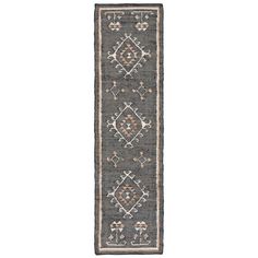 a long gray rug with an intricate design on the bottom and sides, in different colors