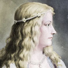 a painting of a woman with long blonde hair wearing a white dress and a flowered headband