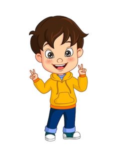 a young boy in yellow jacket and blue pants standing with his hands up to the side