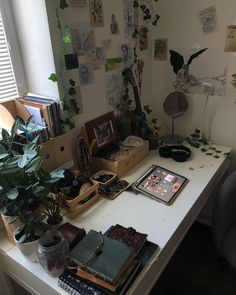 the desk is cluttered with books, plants and other things to do on it