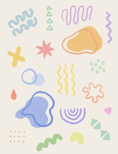 a drawing of different shapes and sizes on a white background with blue, yellow, pink, green, orange