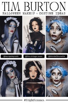 an advertisement for tim burton's halloween makeup and costume ideas, including blue hair