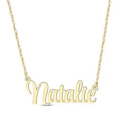 Show off what makes you unique or surprise someone special with this customized name necklace. Styled in an elegant script font, the name of your choice—up to 8 letters—is crafted in 14K yellow gold and centered amidst a festoon rope chain. The 16-inch necklace has a 2-inch extender and secures with a spring ring clasp. Signature Yellow Gold Name Necklace, Custom Name Yellow Gold Necklace For Mother's Day, Signature Yellow Gold Name Necklace For Personalized Gift, 14k Gold Signature Nameplate Necklace, Yellow Gold Signature Style Name Necklace As Personalized Gift, Signature Yellow Gold Nameplate Necklace, Personalized Yellow Gold Signature Name Necklace, Signature Yellow Gold Custom Name Necklace, Personalized Signature Yellow Gold Name Necklace