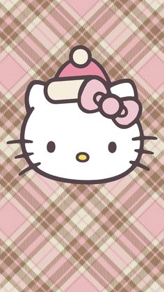 a hello kitty wallpaper with pink and brown checkered pattern on the back ground