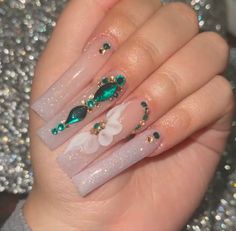 Quince Nails, Quinceanera Nails, Emerald Nails, Green Acrylic Nails, Milky Nails, Green Nail, Simple Acrylic Nails, Long Square Acrylic Nails, Nail Swag