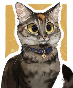 a drawing of a cat with yellow eyes and a collar around it's neck